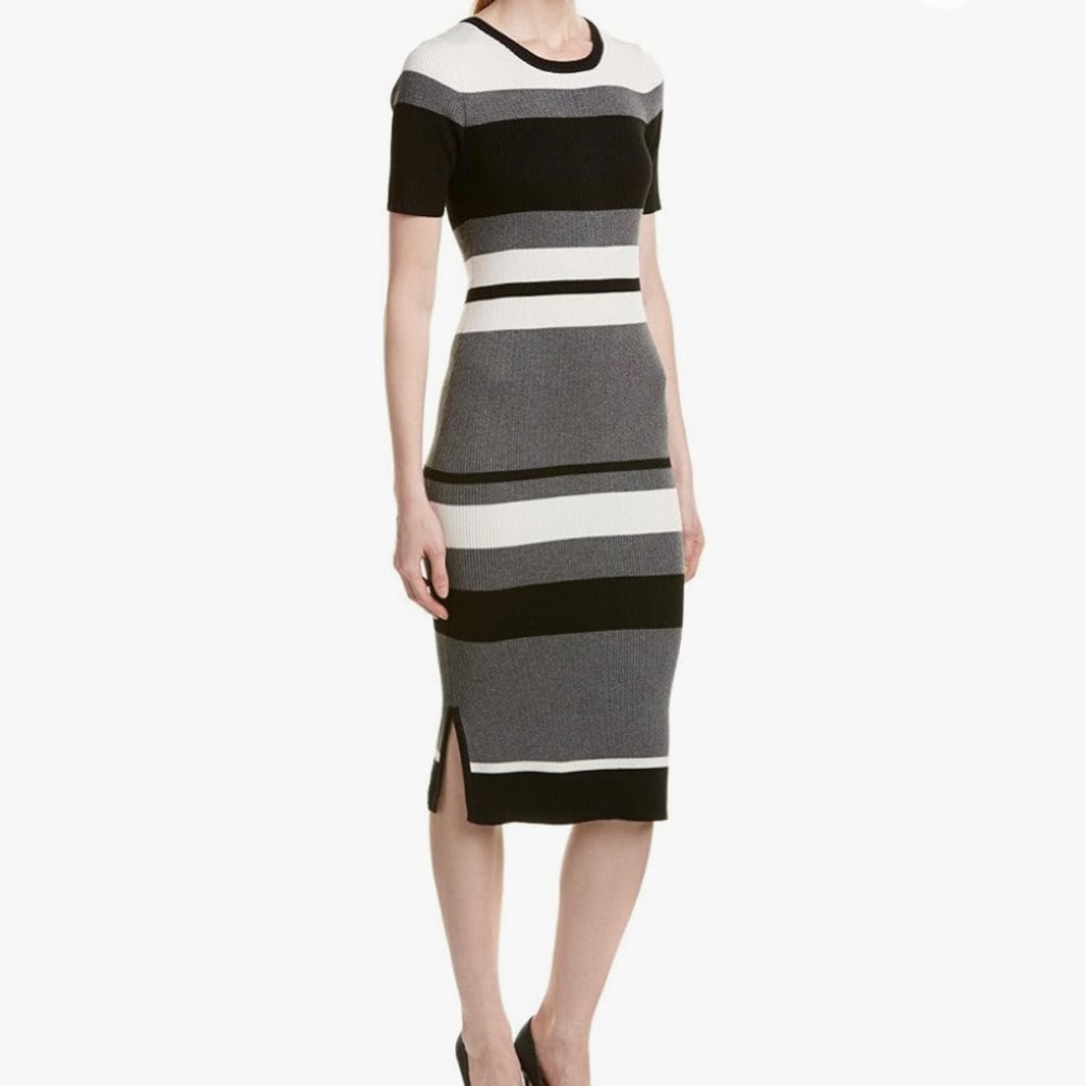 Olive + Oak Striped Fitted Sweater Dress W/ Side Slit Size L